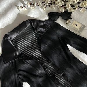 Striped mesh button up blouse